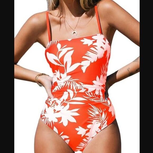 Cupshe Brand Orange & White Tropical One Piece Swimsuit Size Medium NWT Slimming - Picture 1 of 4